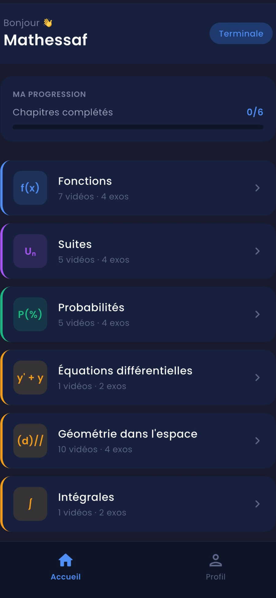 Écran d'accueil de Mathessaf : les six chapitres du programme de Terminale avec la progression de l'élève.
