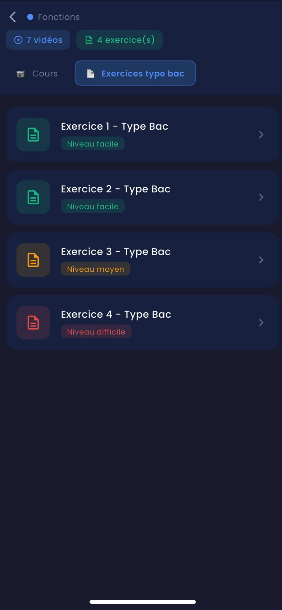 Exercices type Bac du chapitre Fonctions, classés par niveau de difficulté.